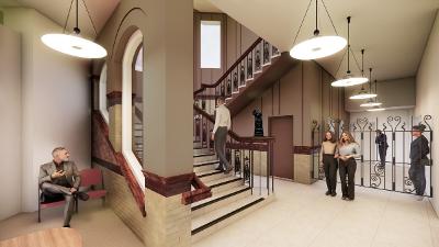 Earlestown town hall CGI A CGI showing the revamped staircase entrance to Earlestown town hall and how it might look